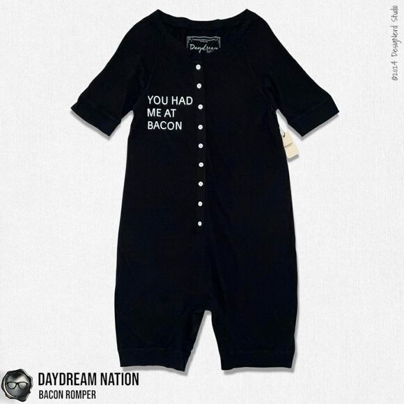 DAYDREAM NATION BACON ROMPER UNION SUIT IN BLACK COTTON/MODAL UNISEX SIZE SMALL - Picture 4 of 16